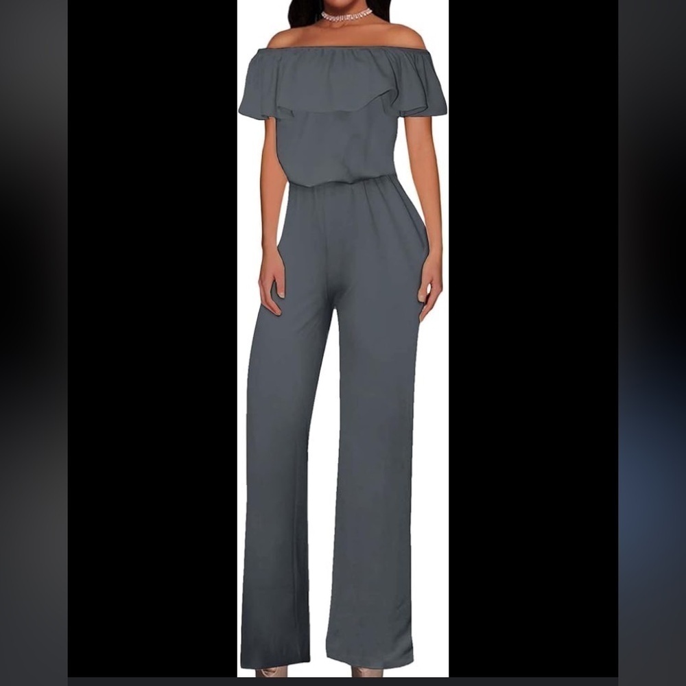 Hybrid & Company Women Casual Off Shoulder High waist Gray Jumpsuit L